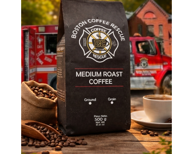 Boston Coffee Rescue coffee package with a fire truck in the background