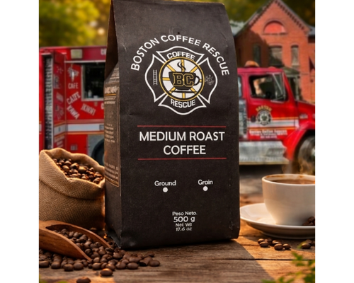 Boston Coffee Rescue coffee package with a fire truck in the background